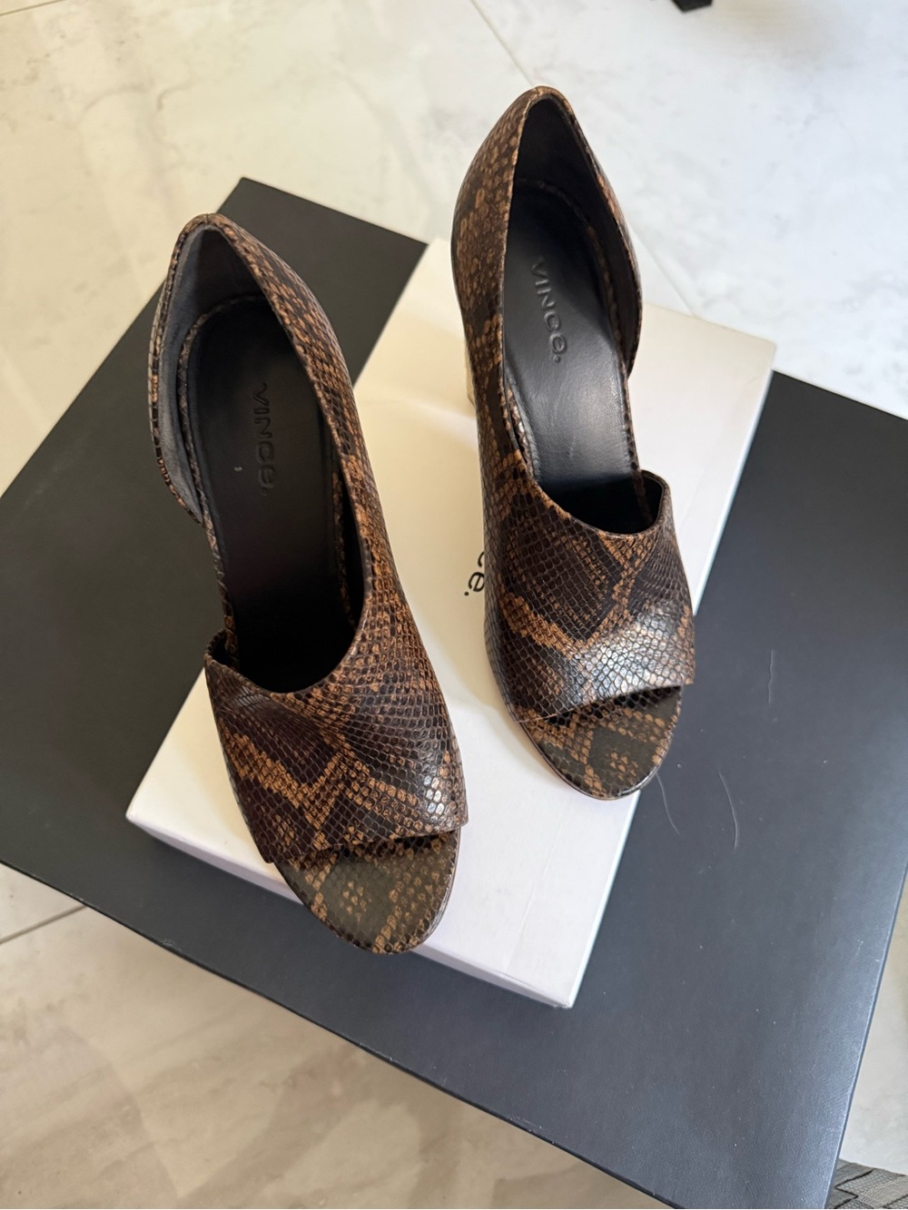 Vince Brown Snakeskin Peep-Toe Heels